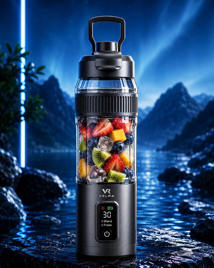 VELRA Blend portable blender with fresh fruit in a premium aurora setting