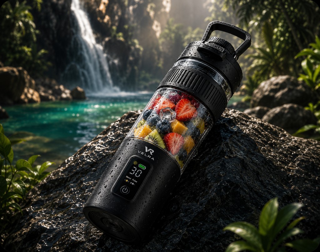 VELRA Blend with fresh fruit beside a tropical waterfall