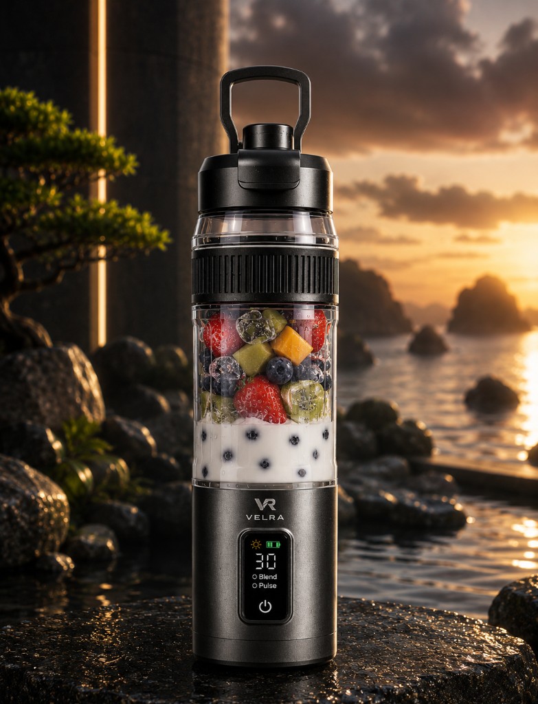 VELRA Blend at golden hour — fruit-filled chamber, digital display, and matte base