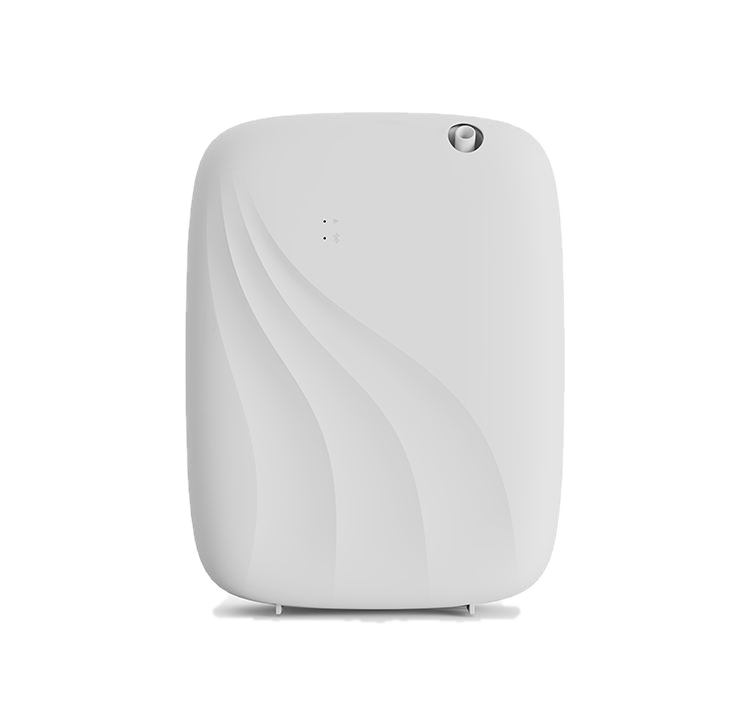 VELRA Haven wall-mount diffuser in matte white with rounded form and subtle wave detail.